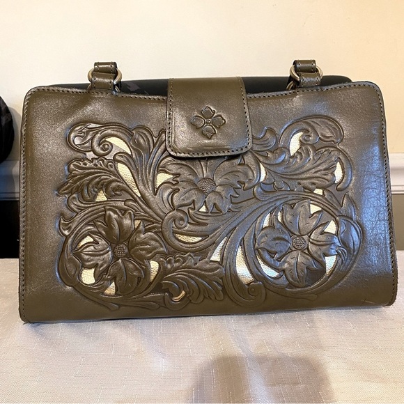 Patricia Nash Olive Green & Gold Embossed Leather Shoulder Bag - Picture 3 of 15